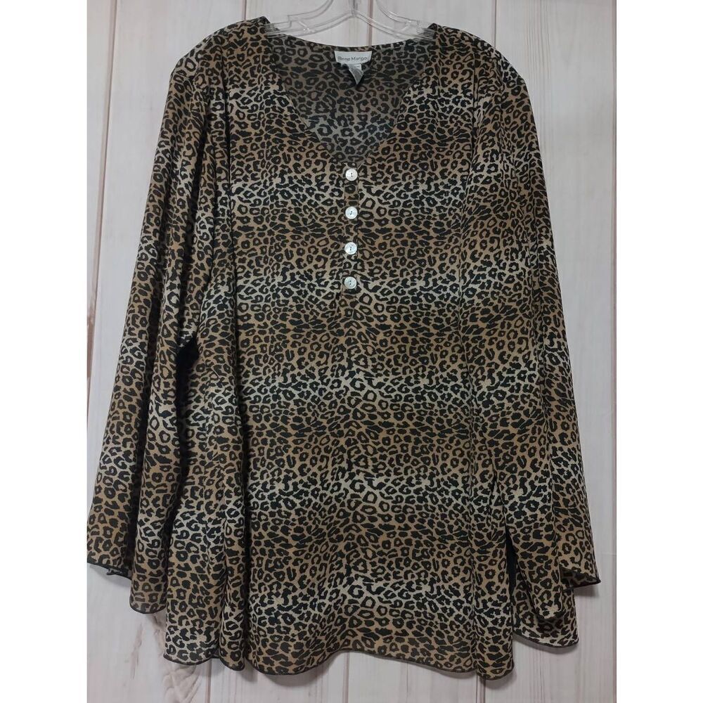 Rene Margo Womens 3X Leopard Print Tunic Semi Sheer Mesh V-Neck Blouse 886538X